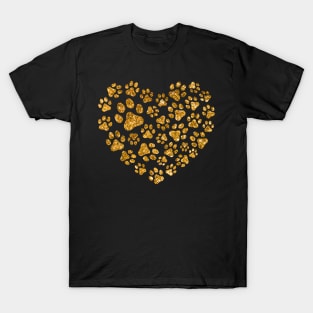 Golden Glitter Love Heart Paws Cat Valentines Day T-Shirt